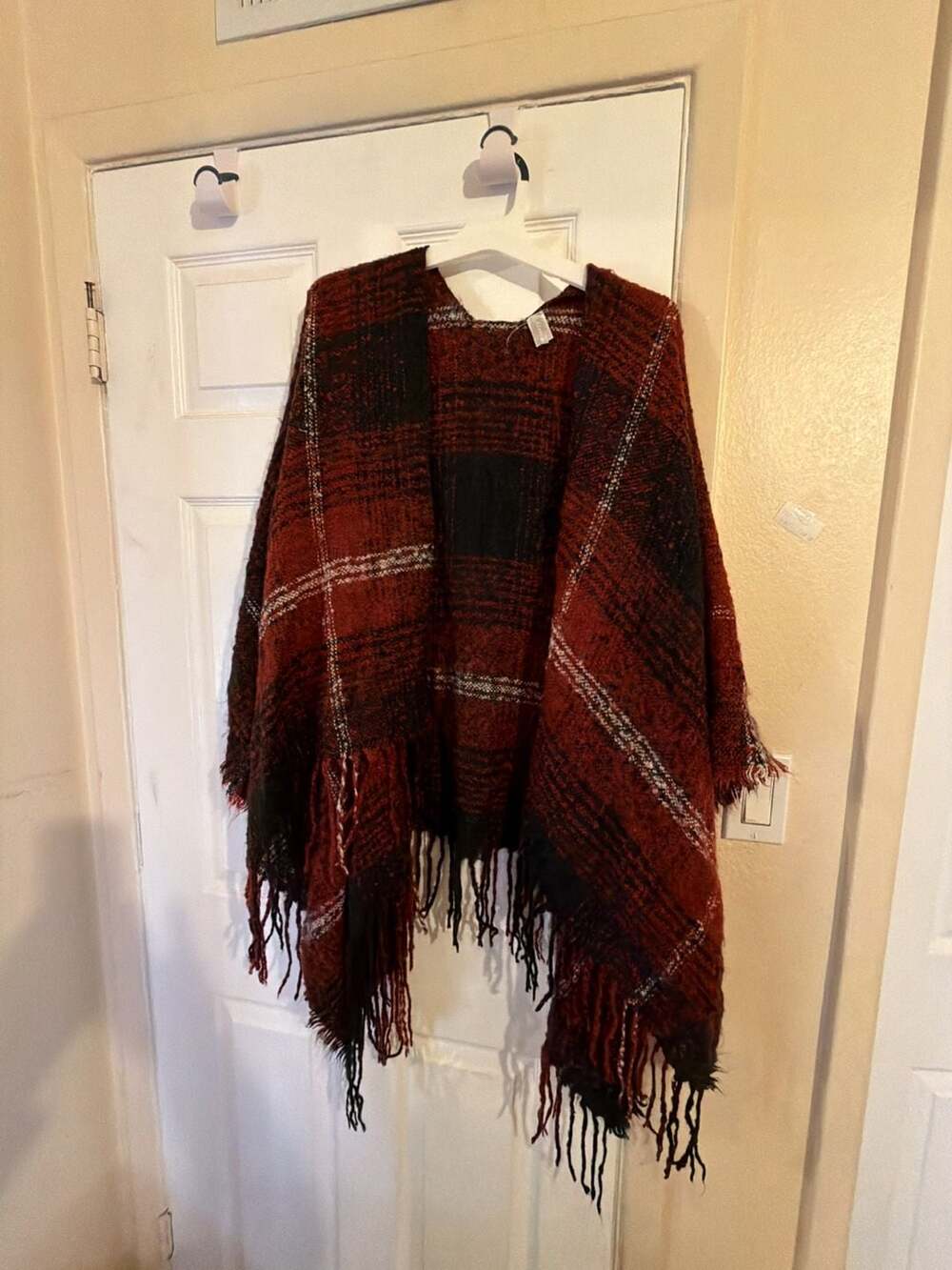 Vanity Poncho Red Black Plaid Fringe Hem Wrap Scarf Cape
